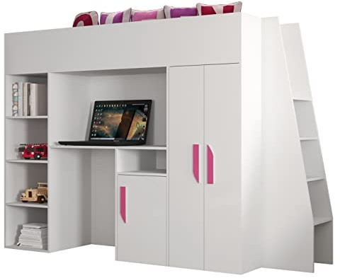 MEBLE KRYSPOL Party 15 Hochbett für Kinder, Jugendliche mit Stauraum - Etagenbett mit Schreibtisch, Kleiderschrank, Bücherregal und Trittleitern - 230x95x165 cm - Weiß, Weiß, Rosa