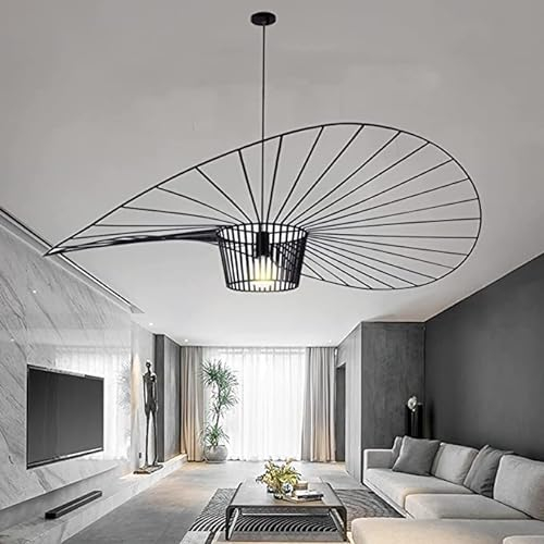Ds UUby Vertigo Pendelleuchte Retro Kronleuchter Für Wohnzimmer Hängeleuchten Esszimmer Fiberglas + Polyurethan-Linie Hut Lampenschatten，Verstellbares Kabel 2m,E27, Max 40w Black 160cm