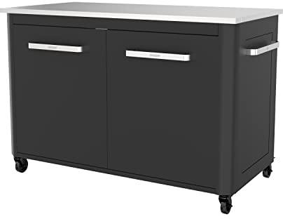 cozze®-Außentisch mit Edelstahltisch, 2 Türen und 4 Rädern Edelstahl/schwarz/grau