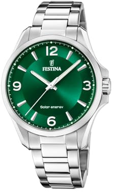 Festina Montre Homme Analogique Solaire en Acier Inoxydable 316L Argenté - Verre Minéral Haute Résistance - Étanche 5 ATM F20656/3 Solar Energy