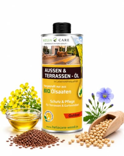 HeliaCARE Terrassenöl Farblos - Bio Outdoor Holz Öl aus Deutschland 500ml | Premium Holzpflegeöl Außen aus BIO Ölsaaten: Tiefenwirksame Pflege für natürlich schöne Holzoberflächen im Garten