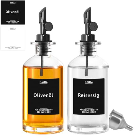 HMJIA Aceitera y Vinagrera con Pitorro de Acero Inoxidable 304 y Cristal Utensilio de Cocina Cooking Oil Dispensador Aceite de Oliva Recipiente Aceite 350ML 2 Piezas con 78 Pegatinas (Negro)