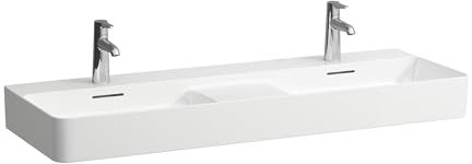 LAUFEN VAL Doppelwaschtisch, 3 Hahnlöcher, ohne Überlauf, 1200x420mm, semi-trockener Bereich mittig, H8142827571581, Farbe: weiss matt