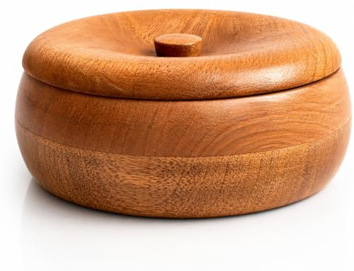 Handcrafted Wooden Mexican Tortilla Warmer Basket Indian Chapati Roti Bread Holder Box Pancake Keeper Serveware Hot Pot Casserole Dish With Lid Home Kitchen Dining Decor, Natural Brown, 22 x 7 cms