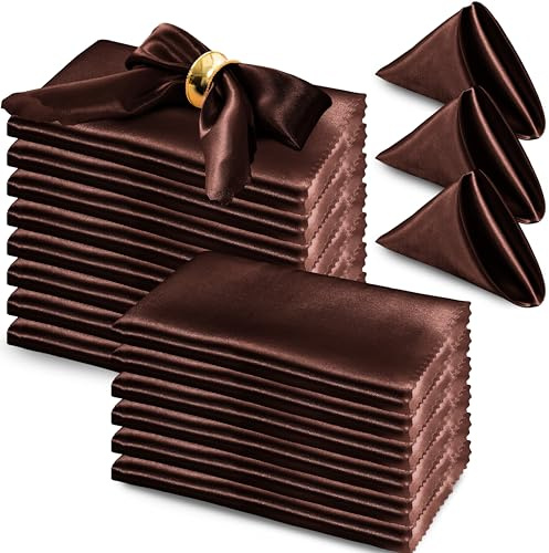 RUDONG M Schokoladenbraune Satin-Servietten, 43,2 x 43,2 cm, 72 Stück | Quadratische Stoffservietten, weicher Stoff, gewellte Kanten, wiederverwendbar, waschbar, für Hochzeitsbankett, Party