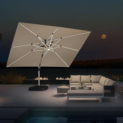 PURPLE LEAF Sonnenschirm 300 × 400 cm mit LED Groß 360° Drehbar, Beige | 8 LED-Schirmstreben für Lange Abende, XL-Schatten, Aluguss-Griff, Einfaches Öffnen, Rostfreier Alurahmen, Ampelschirm