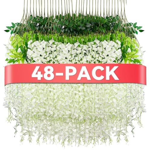 Alotiki Glyzinien hängende Blumen, künstliche Glyzinien-Girlande für Zuhause, Hochzeit, Bogen, Blumenparty, Garten, Zeremonie, Outdoor-Dekoration, 100 cm lang, 48 Stück, Weiß