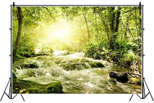Bovlleetd 10x8ft Peaceful Natural Landscape Backdrop for Photography Greenery Forest Sunshine River Stream View Background Fabric Adventure Travel Portrait Photography Backdrop Vinyl
