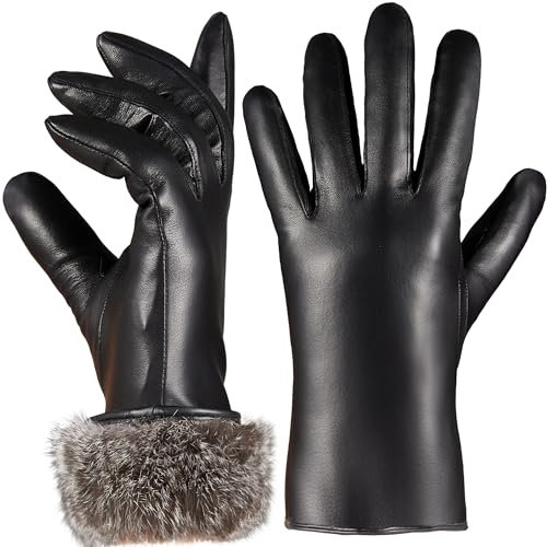 VIKIDEER Super Super Warm Fur Lined Leather Gloves Women Touchscreen Texting Driving Gloves Black X-Large