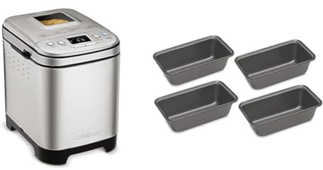 Cuisinart Bread Maker Machine, Compact and Automatic, Customizable Settings, Up to 2lb Loaves, CBK-110P1, Silver,Black & CMBM-4LP Mini Loaf Pan (Set of 4)