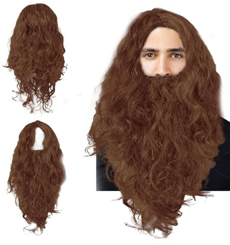 EUPSIIU Parrucca e Barba Ondulati Ricci da Uomo - Mago Stregone Marrone per Halloween e Carnevale