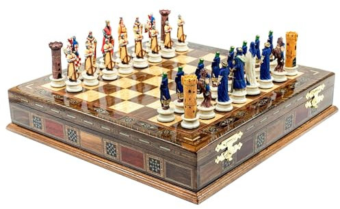 Schachbrett-Set aus Massivholz, 36 cm, mit mittelalterlichen handgefertigten Harz-Figuren