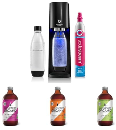 sodastream E-Terra Sparkling Water Maker, Sparkling Water Machine & 1L Water Bottle, Retro Drinks Maker w. BPA-Free Water Bottle, Quick Connect Co2 Gas Bottle + 3 x Organic Flavours Drink Mixes