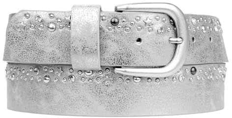Zakatte • Damen Nietengürtel aus Kunstleder mit Strass und Sterne Strassgürtel Gürtel mit Nieten BS071 (Silber, 85 cm)