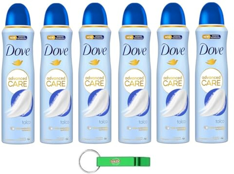 6 X Dove Advanced Care Talco Deodorante Spray – Deodorante per 72 ore di protezione aiuta a proteggere la pelle morbida e dal sudore 150 ml + portachiavi Beni Culinari