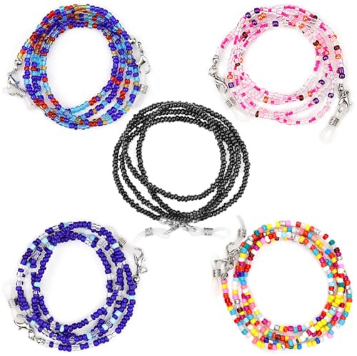 FERCAISH 5 Stück Bunte Perlen Brillenkette, Sonnenbrillen perlenkette, Brillenhalter Riemen Brillen Kette für Damen, Maskenkette, Anti-Rutsch für Brillenband Halskette