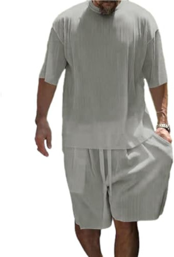 Freizeitset Herren All-Match Trend Lose 2 Stück Shirt Set Kurzarm Temperament Mode Poloshirt Herren Das Neue Revers T-Shirts Kurze Hose Freizeitanzug J-Light Grey1 3XL