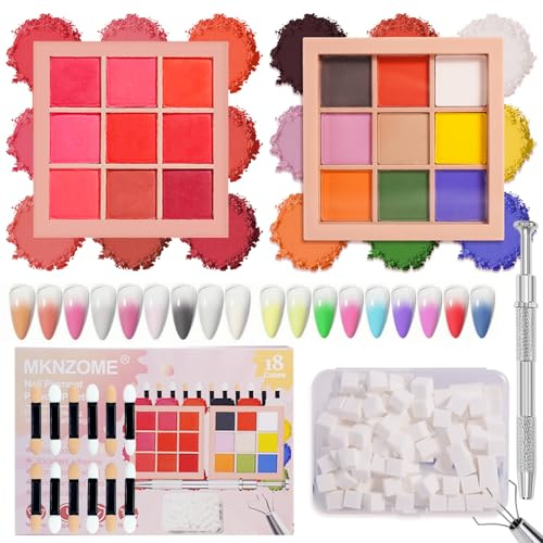 MKNZOME 18 Farben Nagelpulver Pigment für Nägel, Chrome Nail Powder, 100 Stück Nail Art Schwamm mit Metallgreifer, Sponge Brush Applikator, Glitzerpulver Nagelpuder Nailart Nageldesign Zubehör