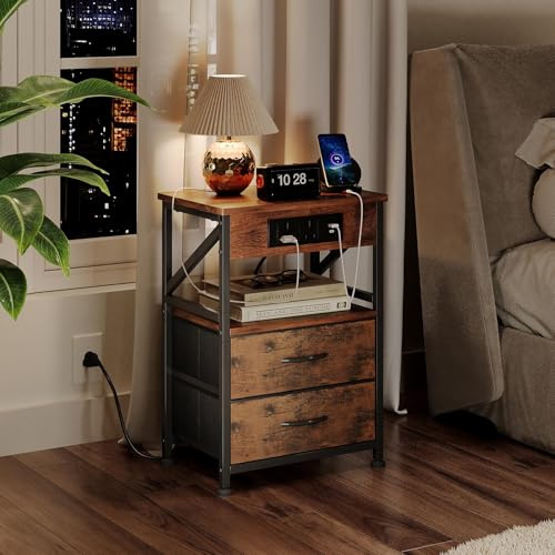 Flrrtenv Bedside Table with Power Strip, Bedside Cabinet with 2 Drawers, Bed Side Table for Bedroom, Night Stand, 2 AC Outlets, & 2 USB Ports, Side Table with Metal Frame, Rustic Brown