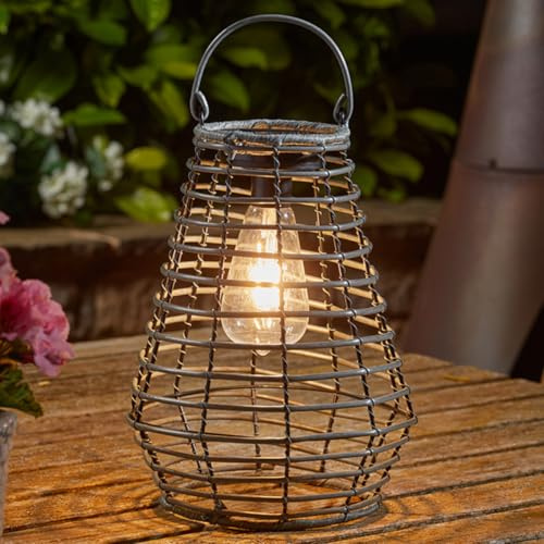 Festive Lights - 26.5cm Solar Grey Maris Rattan Effect Hanging Garden Lantern - Outdoor Filament Style LED Warm White Light, Faux Wicker - IP44 Weather Resistant Decor for Pergolas & Tables