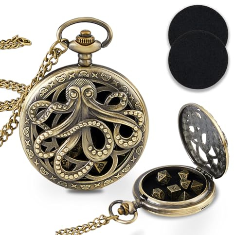 SUPERFINDINGS 1 st mini DND tärningsset antik brons bläckfisk mekanisk fickmedaljong berlock halsband med 7 bitar tärningar rullbrädespel tillbehör för jul och födelsedagspresenter