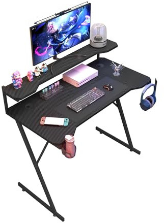 House Of Home 118cm Gaming Desk – Carbon Fibre Computer Desk with Monitor Stand, Cup Holder & Headphone Hook. Black PC Gaming Table for Home Office or Bedroom Setup