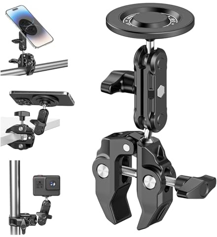 Mic Stand Phone Holder Aluminum Compatible with Magsafe iPhone 17/16/15/14/13/12 Plus Pro Max Series, Side Mount Cellphone Music Holder for Microphone, 360° Swivel Tilt Adjustable Mic Phone Mount