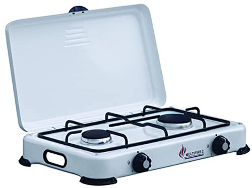 INTEC - Fornello a gas con 2 luci da 3200 W, bruciatori in ghisa rimovibili. Piastra di cottura mobile con coperchio protettivo. Compatibile con gas butano/propano per campeggio e giardino.