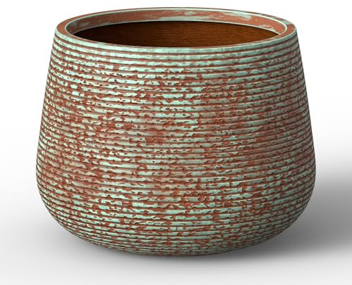 Humid Jade Fluted Concrete Planter, Verdigris Mist, 12.6 Dia x 9.8 H