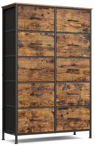SONGMICS BELLAH Collezione - Cassettiera, 10 Cassetti, in Acciaio, per Camera da Letto, Armadio, Ingresso, Soggiorno, Moderna, Marrone Rustico e Nero Inchiostro LGS125BH04