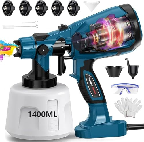 ZICO Pistola a spruzzo elettrica da 1000 W, serbatoio da 1400 ml, 5 ugelli e 3 modalità, flusso regolabile e facile da pulire, ideale per recinzioni, muri, mobili interni ed esterni e fai da te