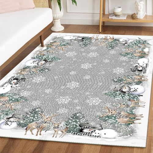Artoid Mode Renna, Fiocchi di Neve, Alberi, Pupazzo di Neve, Natale, Tappeto, 160x220 cm, Confortevole, Antiscivolo, Sottopavimento, Decorazione per Soggiorno