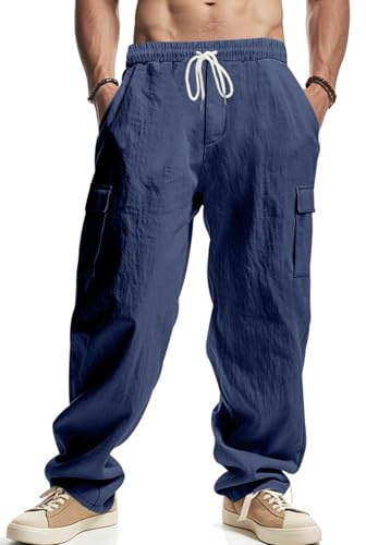 PADOLA Pantalon Lin Homme avec 4 Poches Taille Elastique Décontracté Pantalons de Travail Léger été Cargo de Plage Fluide Pantalon Yoga Cordon de Serrage Uni Baggy Grande Taille