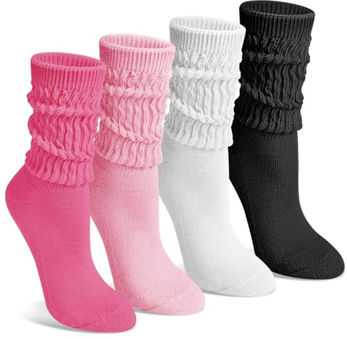 Tialfas Slouch Socks Womens 4-7 Cotton 4 Pairs Athletic Leisure Colorful | Cozy Slouchy Calf Tube Scrunch Knit Breathable Soft Comfortable Crew Liners Socks for Ladies Girls Sneakers Boot