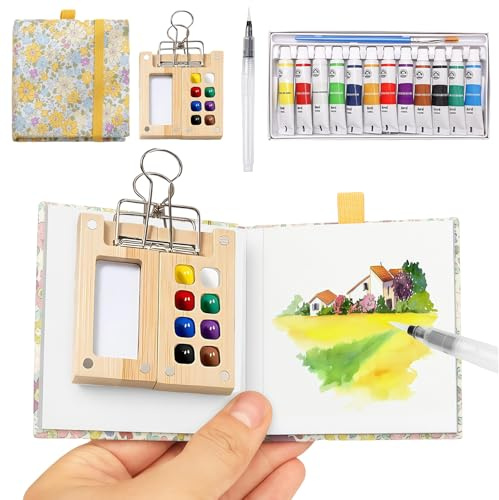 Yamobi Mini Malkasten Aquarell Set, Portable Watercolor Palette Set mit Aquarellpapier Journal, Aquarellpinsel Stiftel, Clip, tragbare Nano Palette für Aquarell, Mischpalette Holz