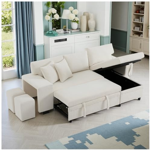 Wyibwy Sofá moderno de 3 plazas, sofá cama plegable, sofá esquinero convertible en forma de L, con puerto USB y cojines, estantes laterales y compartimento de almacenamiento (beige)
