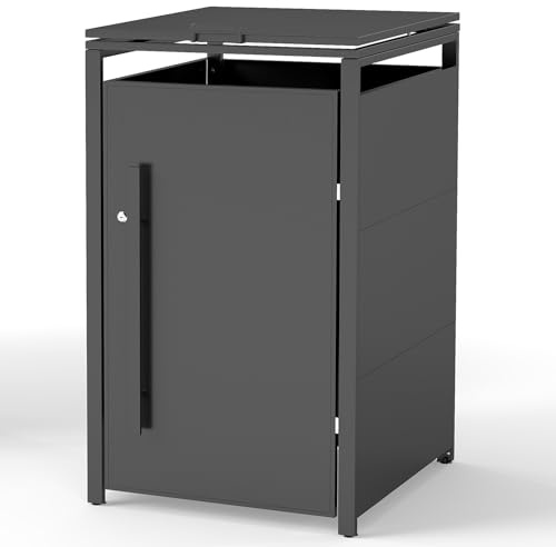 Youyijia Metallische Mülltonnenbox für 120-240 Liter, 60 x 80 x 116 cm, Mülltonnenlagerung für 1 Tonnen, Verzinktes Stahl-Müllschuppen, Außendeckel mit abschließbarer Tür für Garten und Hinterhof