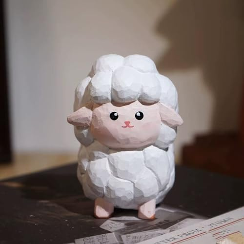 Xiyuelily Hand Carved Wooden Sheep Statue with Round Wood Base – Mini Cute Lamb Figurine, Handmade Animal Sculpture, Rustic Desk Ornament & Unique Gift for Animal Lovers and Home Decor