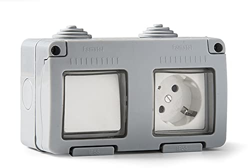 Famatel 19033 Conmutador + Base empotrar | Serie Garden | IP55 | Protección Infantil | Este Enchufe es a Prueba de Agua | Fácil de Instalar Este Producto | Aluminio | Gris