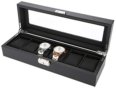 Uhrenbox mit 6 Fächern, 6 Holz Uhrenkasten, Uhrenschachtel Uhrenaufbewahrungsbox, Uhrenkasten mit Glasdeckel & Uhrenkissen, Schmuckschatullen PU Leder für Geschenk für Boyfriend Ehemann(Schwarz)