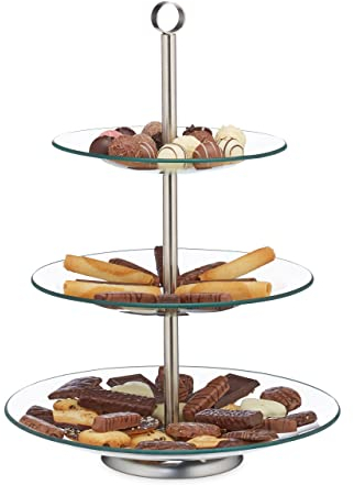 Relaxdays Soporte para Tartas, Cupcakes y Fruta de 3 Pisos, Cristal-acero, Plateado-transparente, 40 x 29,5 cm