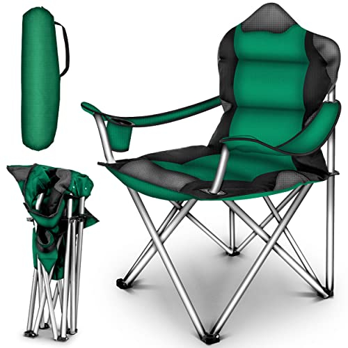 TRESKO Campingstuhl faltbar bis 150 kg | Angelstuhl Faltstuhl Klappstuhl mit Armlehnen und Getränkehalter (Grün)