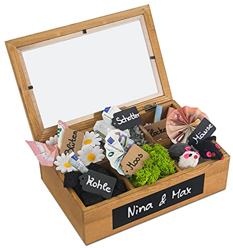SURPRISA Schotter Schatulle 6er - kreative Verpackung für Geldgeschenke und persönliche Geschenkbox zum Geburtstag oder zur Hochzeit - Pinienholz | Geldgeschenke Verpackung aus Holz (Pinie), 6 Fächer - Geldsynonyme, Geschenkanhänger, Tafelsticker inklusive, Wunscherfüller