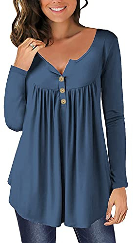 Blus långärmad blusar & tunikor för kvinnor knappar blusar toppar blommor tunika damtoppar, L blå grå, 3XL