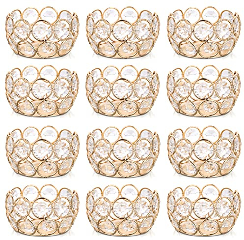 Sziqiqi Kristall Teelichthalter 12er Set, Ramadan Kerzenständer Glas Teelicht Kerzenhalter für Esstisch Deko Hochzeit Geburtstag Party, 8cm, Gold Metall Rand