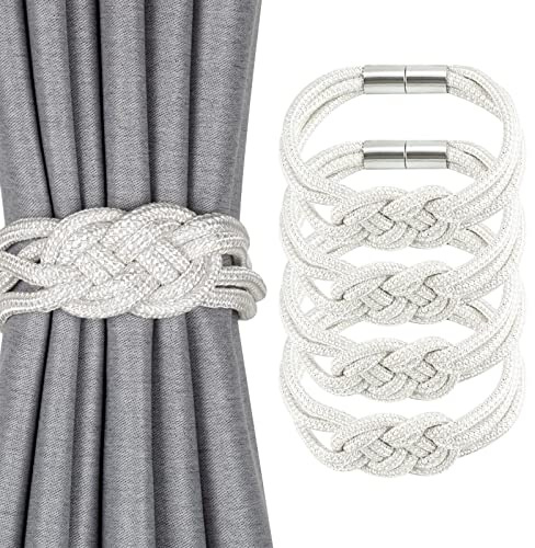 Pretty Jolly 4 Stück Starke Magnetische Raffhalter für Vorhänge, Dekorative Vorhang-Raffhalter, Handgewebtes Seil, Knoten-Vorhanghalter für Zuhause und Büro, Fenstervorhänge (Weiß)