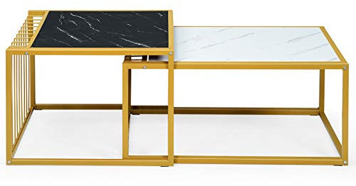 GIANTEX 2er Set Beistelltisch Gold Couchtisch Verschiedene Größen, Sofatisch Wohnzimmertisch zusammenschiebbar, Kaffeetisch Satztisch modern Design, Marmorimitat Nachttisch mit Goldener Metallrahmen