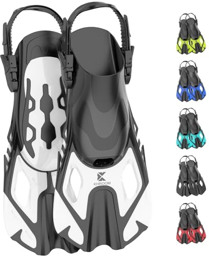 Khroom short fins adults / children size 32-47 | adjustable snorkel fins short | swim fins short fins for snorkelling | diving fins adjustable for swimming white 4,5-8