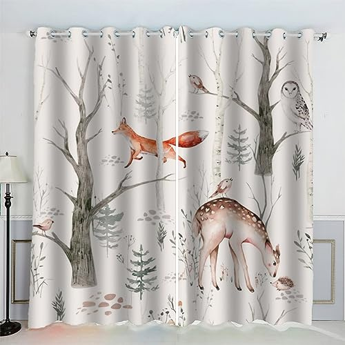 AKATIE Eule Igel Gardinen Kinderzimmer 3D Drucken Fenstervorhang Waldtiere Vorhänge Abdunkelnd Blickdichte Schallschutz Gardinen mit Ösen 2er-Pack (140x160 cm)