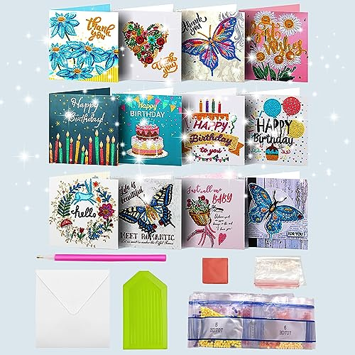 MEDOYOH 12er-Set DIY Diamond Painting Grußkarten mit Umschlag, Diamantmalerei Blanko Kunstkarten für Geburtstag Muttertag Weihnachten Jubiläum Erntedankfest, Geburtstag 03